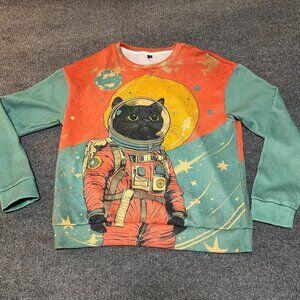 Men's Black Cat Astronaut Pullover Sweatshirt Small Longsleeve